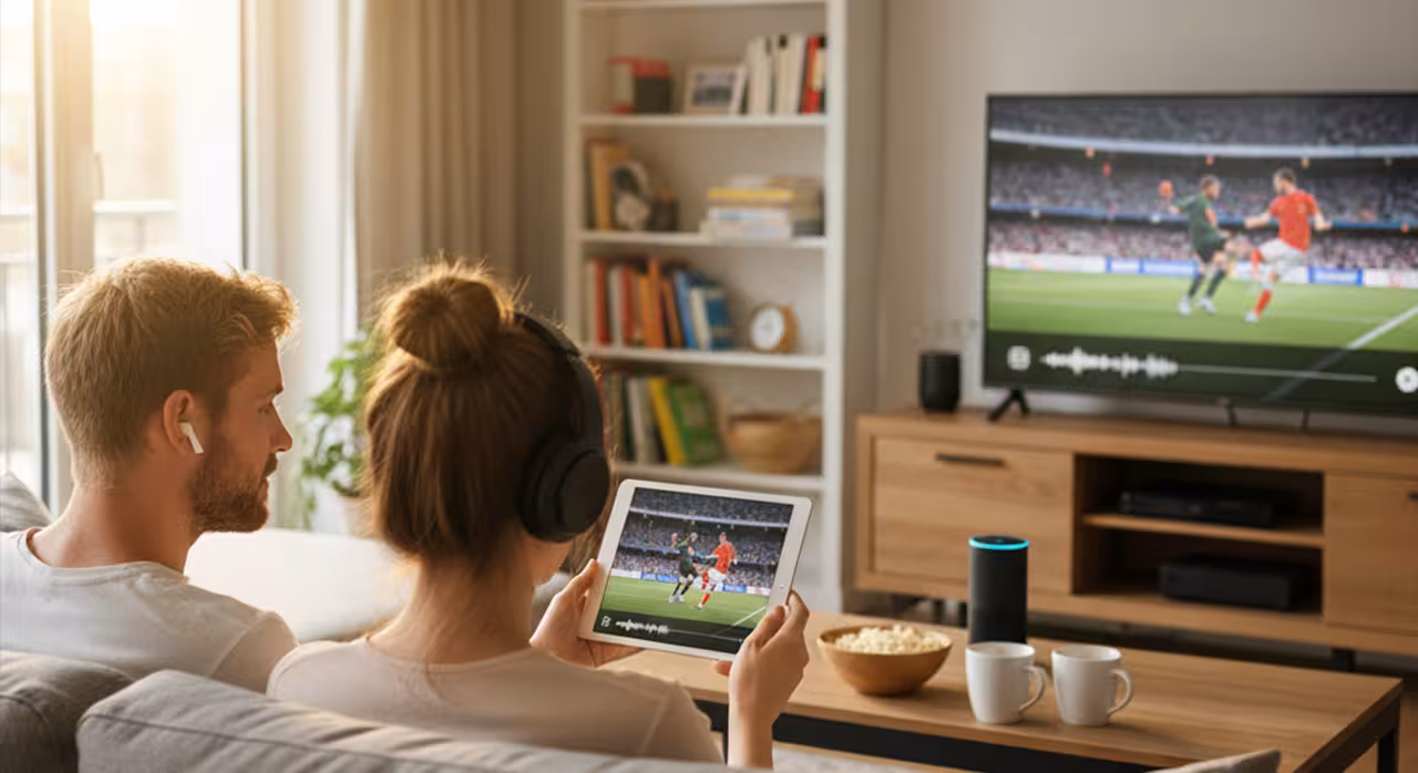 A man and woman sit on a couch, engaged in watching a football game, highlighting social connectivity through OTT technology.