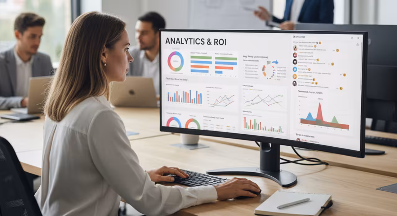 A woman works on a computer, analyzing data displayed on the monitor about implementing social features for OTT operators.