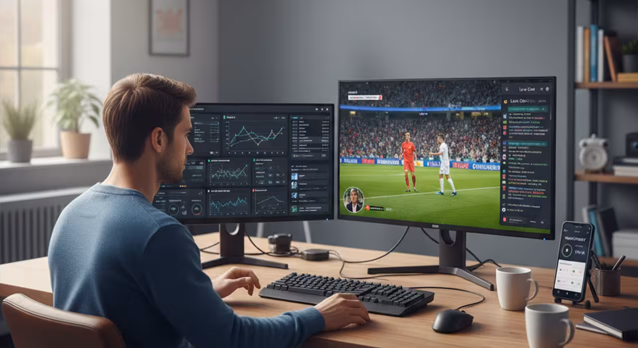 A man working at a desk with two screens, one featuring a live soccer game, highlighting streaming and interactive elements.