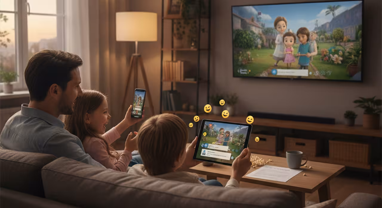 A family on a couch, watching cartoons on different devices simultaneously, showcasing the dynamics of co-viewing and its psychological aspects.
