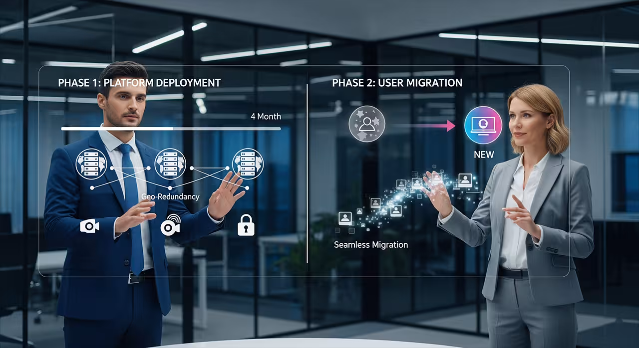 A man and woman dressed in business attire are positioned in front of a screen showcasing a virtual interface on delivering precise results.