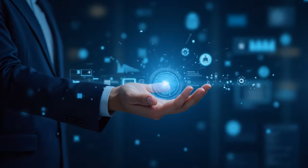 Businessman presenting a cutting-edge technology interface in his hand, symbolizing modern advancements in business.