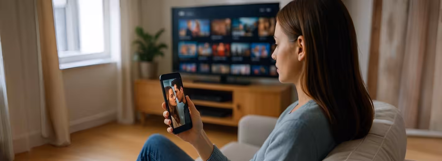 Una mujer sentada en un sofá, sosteniendo un teléfono celular viendo un minidrama.