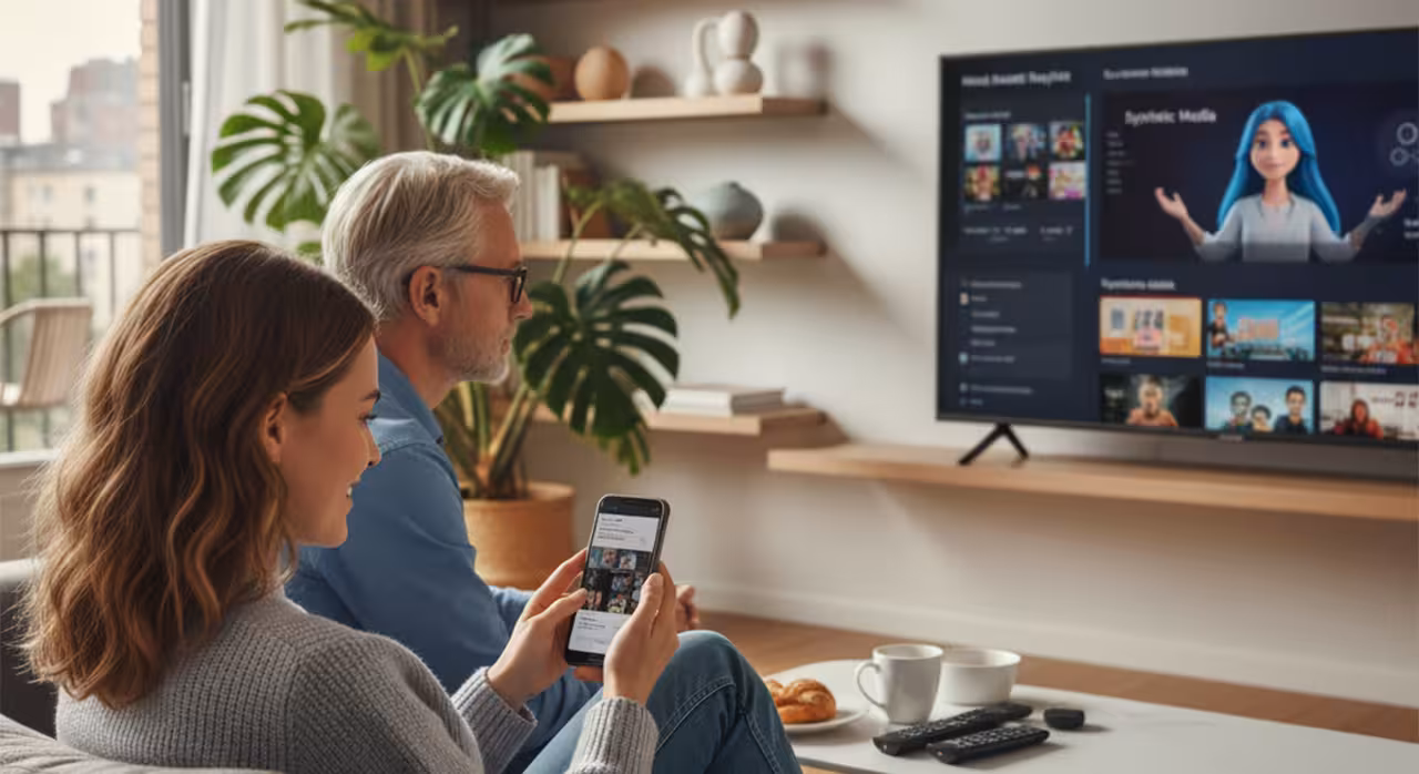 A man and woman are seated on a couch, engaged in watching a TV program in their living room. The woman is watching on her mobile as well.