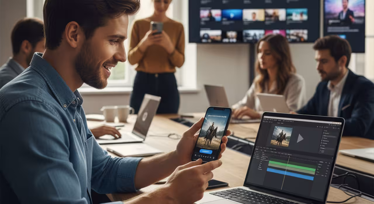 A man uses his phone at a table surrounded by other people, appearing engaged in a mbile.