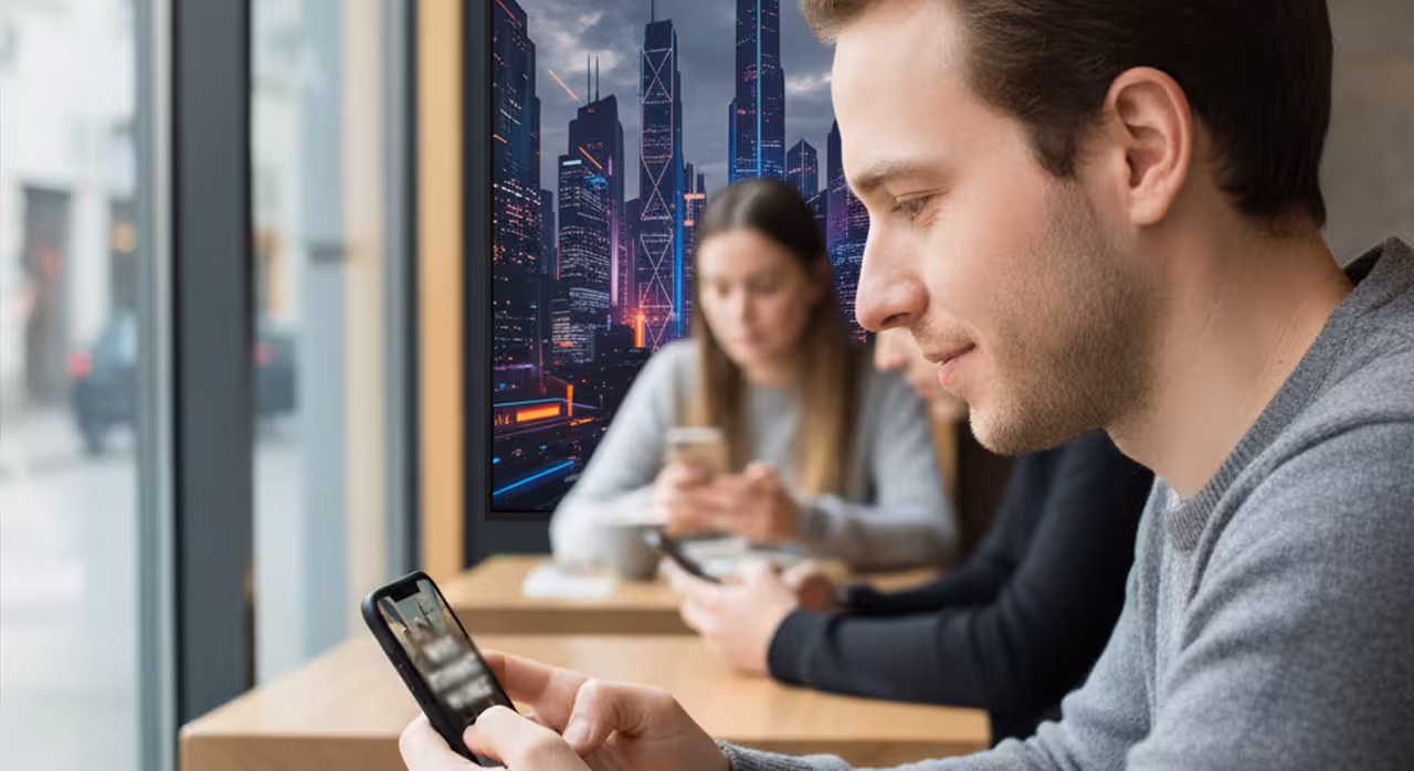 A man at a table, engaged with his smartphone, appearing relaxed and contemplative.
