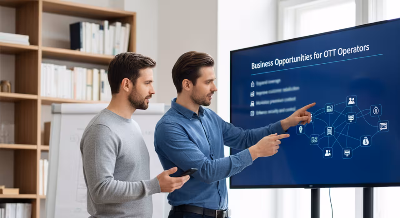 Two men stand before a large screen showcasing a presentation on "Business Opportunities for OTT Operators."