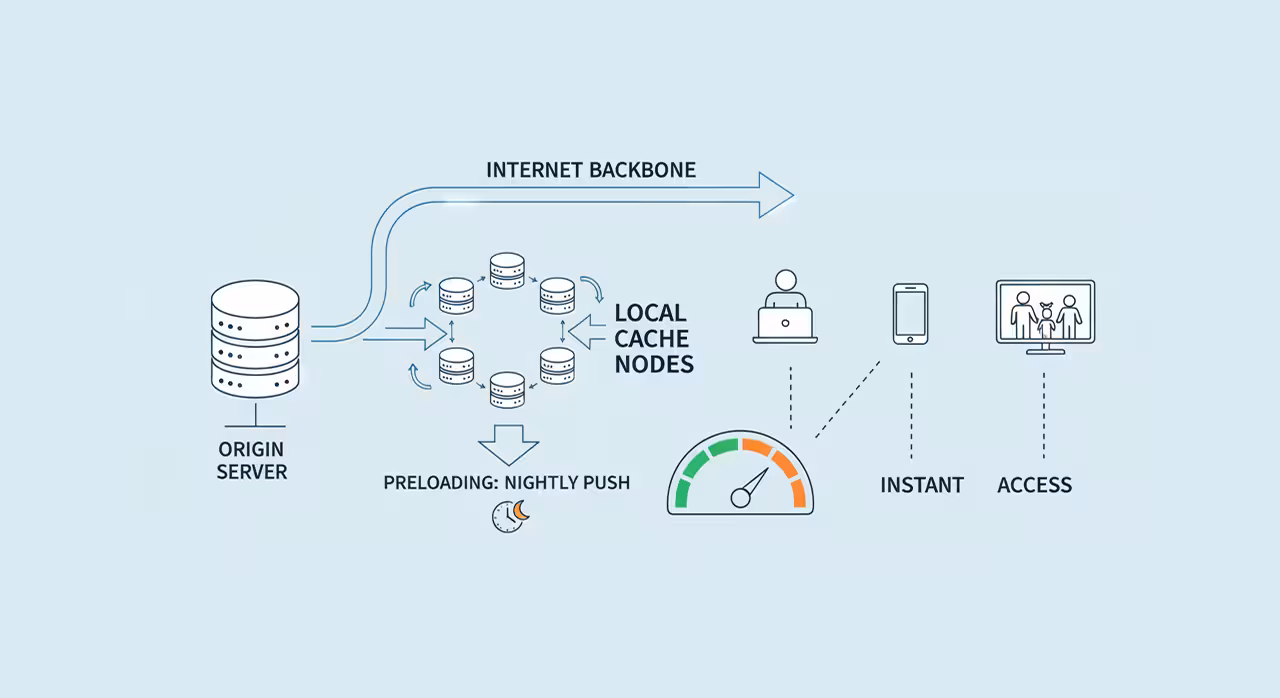 Visual representation of the internet and data storage, focusing on edge caching and preloading to improve efficiency and speed.