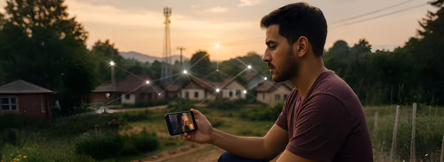 Hombre en una zona rural con un teléfono inteligente, lo que representa la necesidad de mejorar la conectividad en áreas con poco ancho de banda.