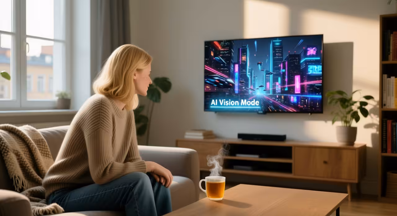 A woman relaxes on a couch, viewing a television showing AI technology.