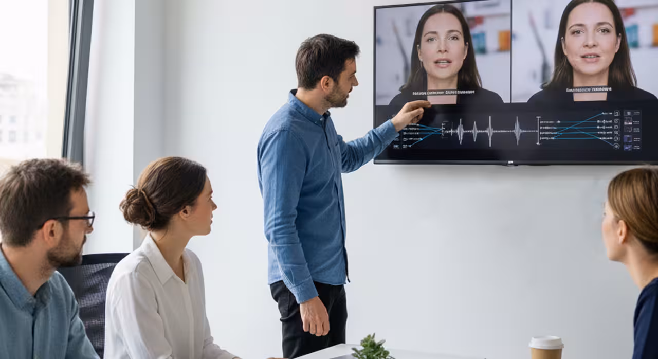 People in a meeting room observe a video screen, focusing on viseme alignment and identity.