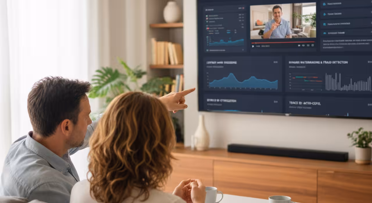 A man and woman watch a video on a TV screen, discussing AI in video encoding, delivery, and anti-piracy.
