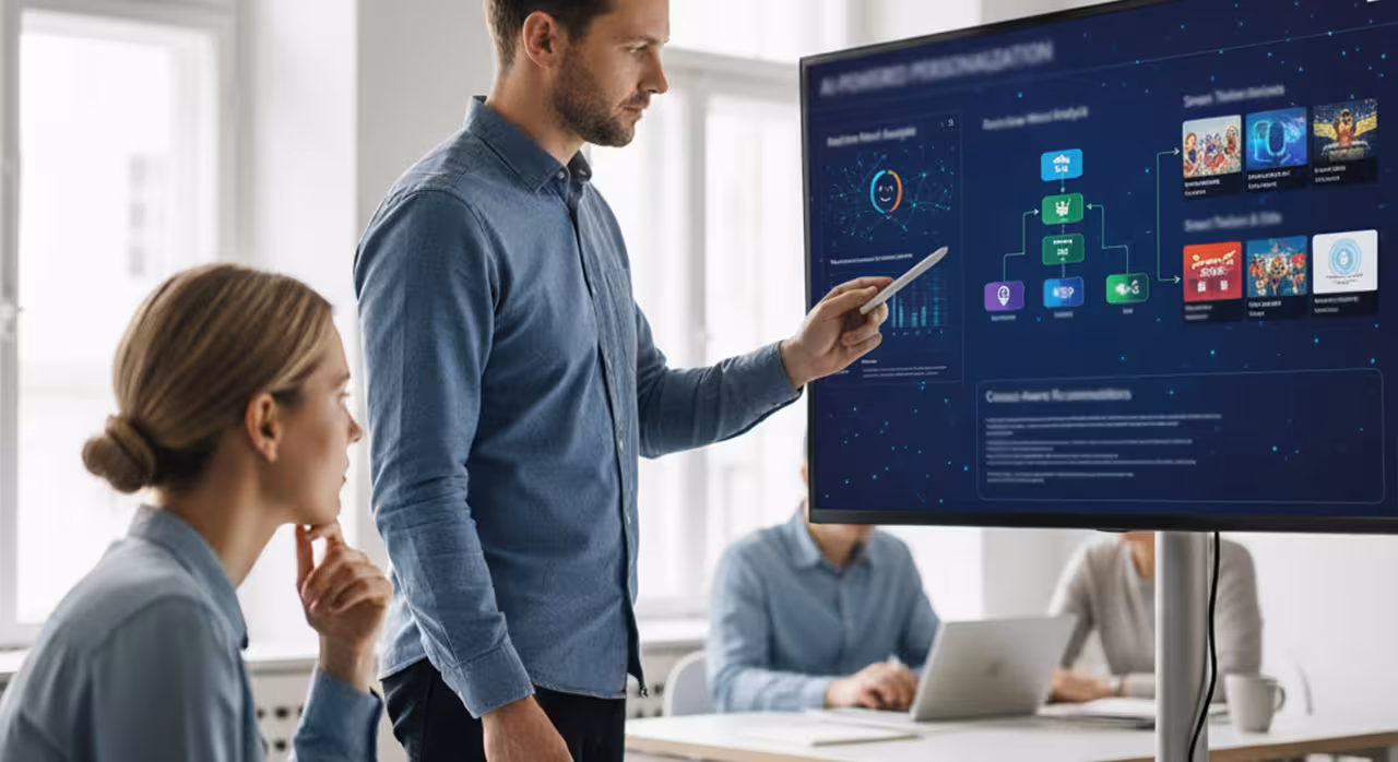 A man indicates a large screen on AI streaming recommendation engines, surrounded by an engaged group of listeners.
