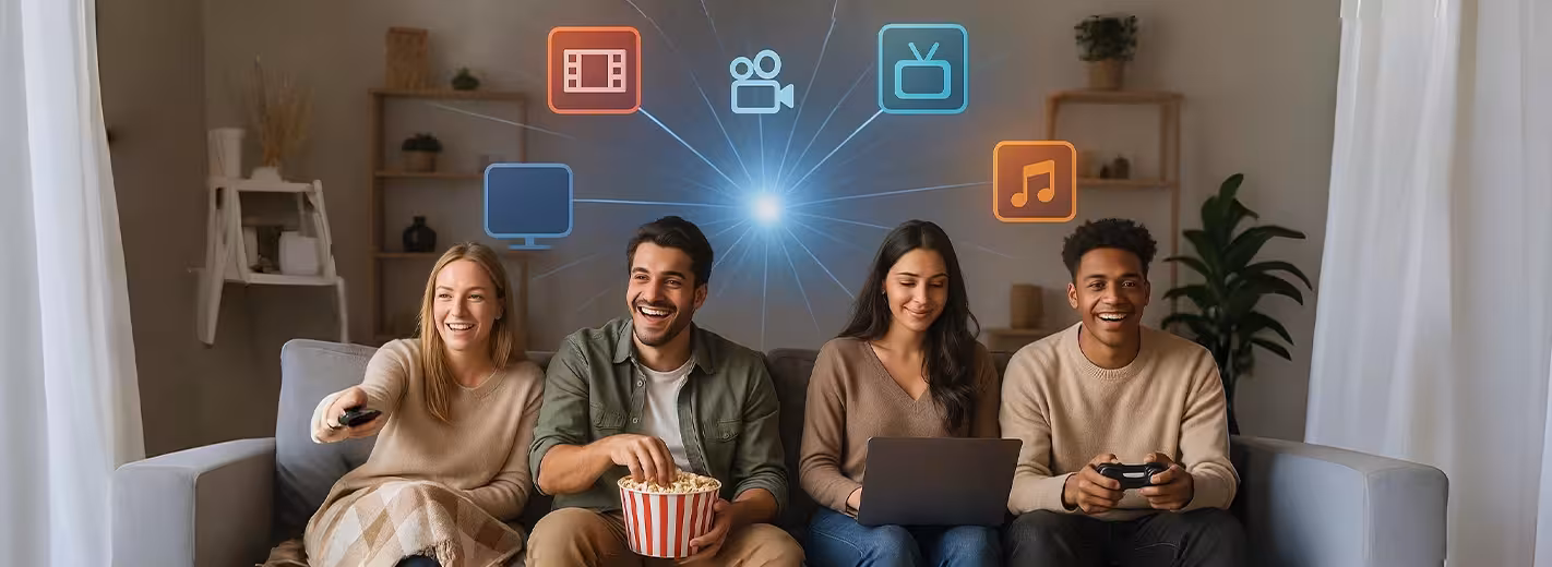 Varias personas sentadas en un sofá, ocupadas con una computadora portátil y un control remoto, viendo programas de televisión y jugando juegos.