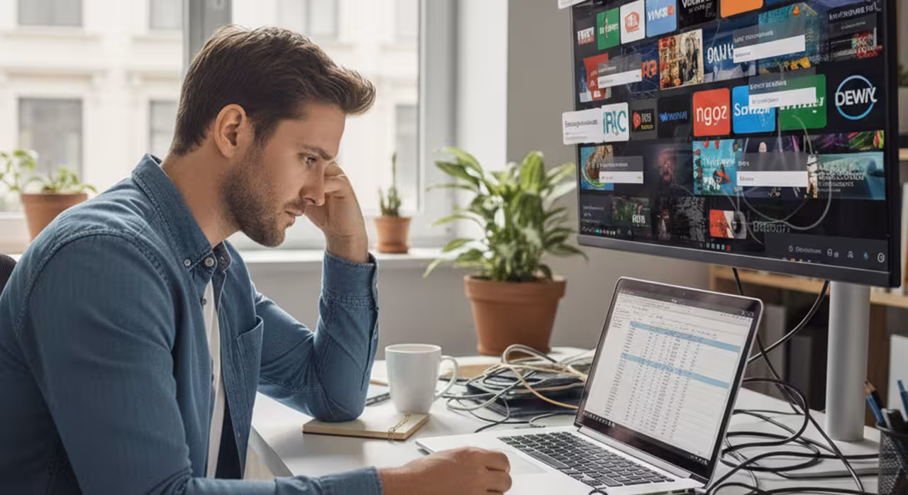 A worried man sits at a desk with a laptop, while a television screen displays content in the background.