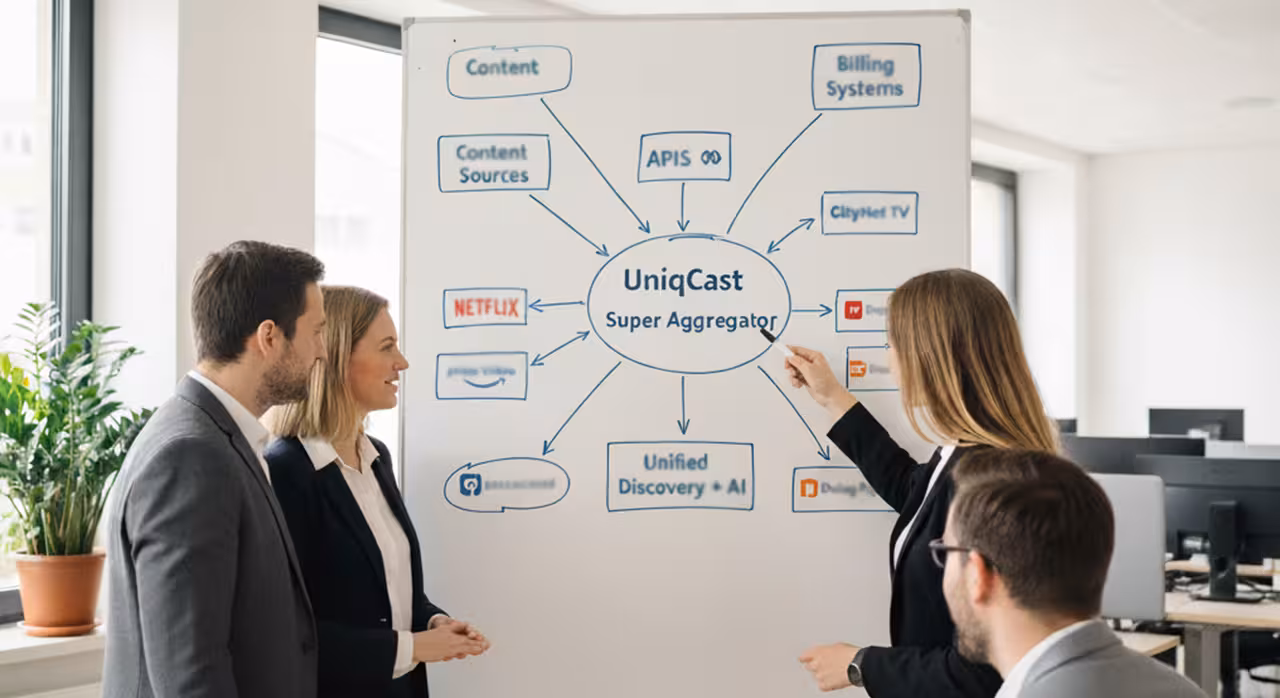 A group of professionals in an office collaboratively discussing ideas while looking at a whiteboard filled with notes.