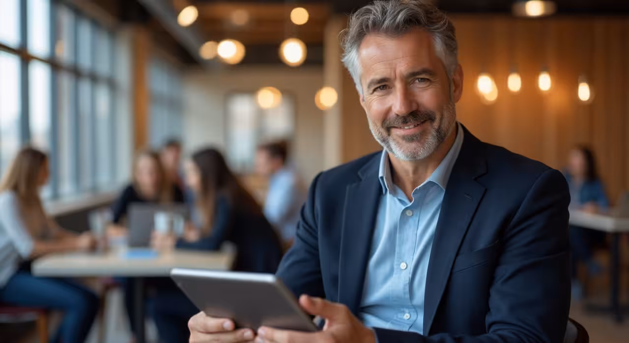 A man dressed in a suit is holding a tablet, demonstrating a professional demeanor in a corporate context.