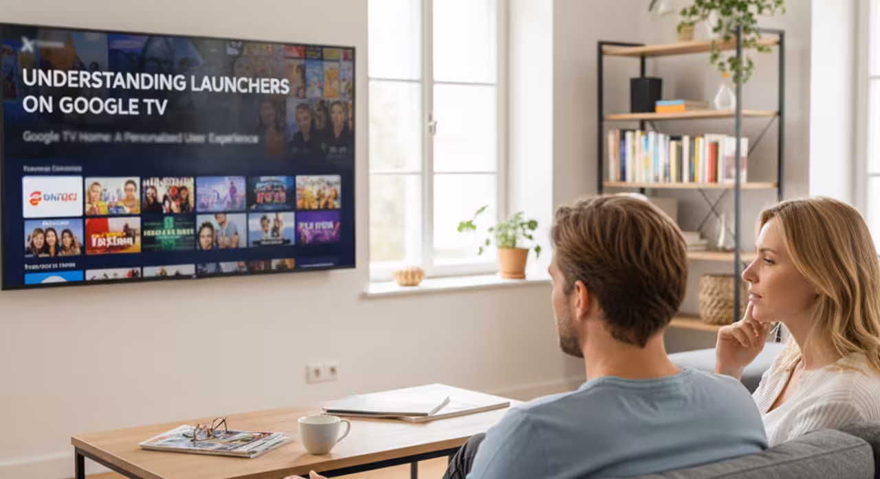 A man and woman sit on a couch, focused on a television screen in front of them.