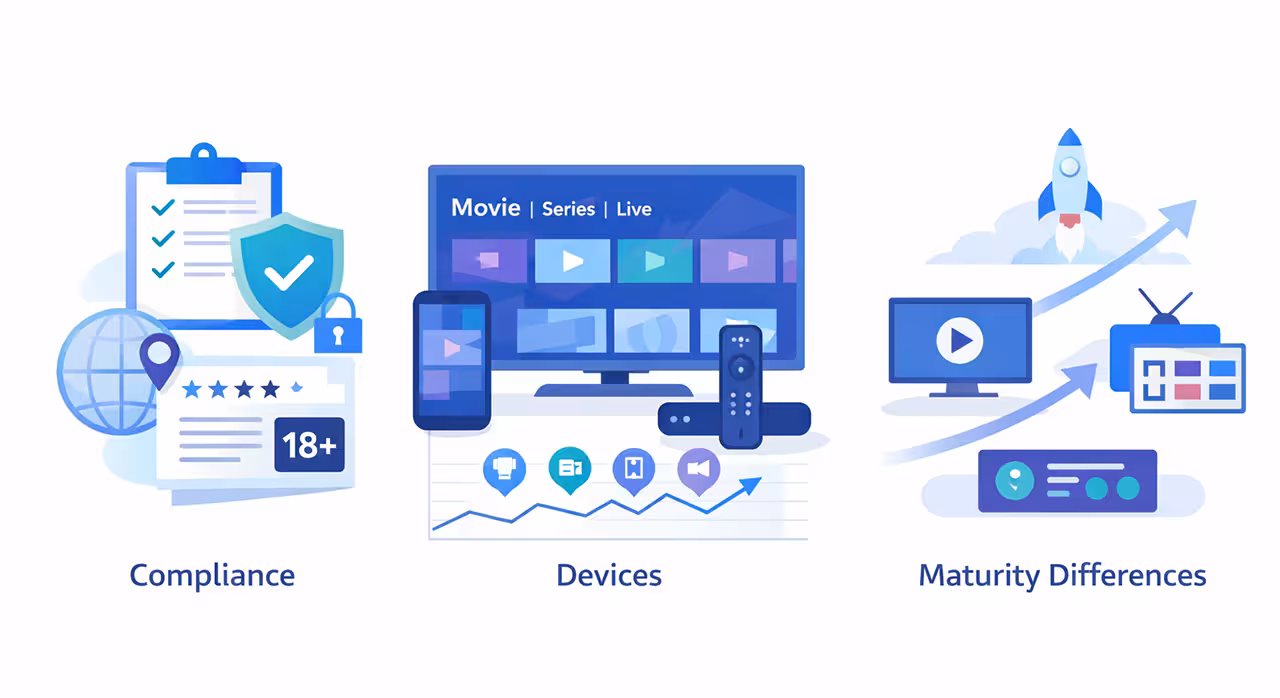 Illustration showcasing international compliance, device diversity, and platform maturity challenges