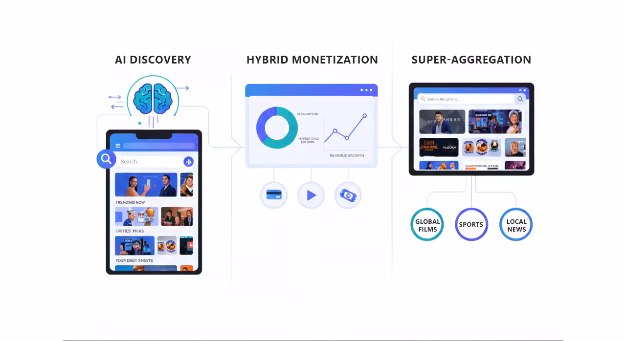 Visual representation of future OTT trends: AI discovery, hybrid monetization, and super-aggregation strategies.