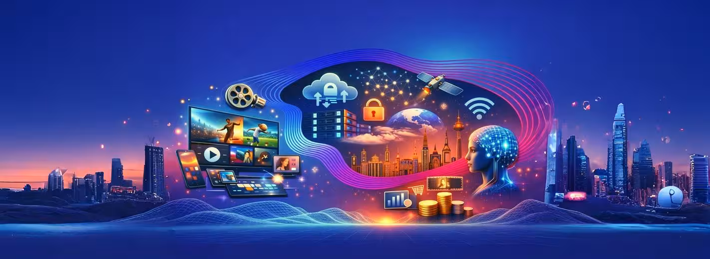 Ilustración que representa el futuro de la tecnología e Internet, centrándose en el ecosistema OTT B2B y las estrategias de experiencia de usuario de las compañías de telecomunicaciones.