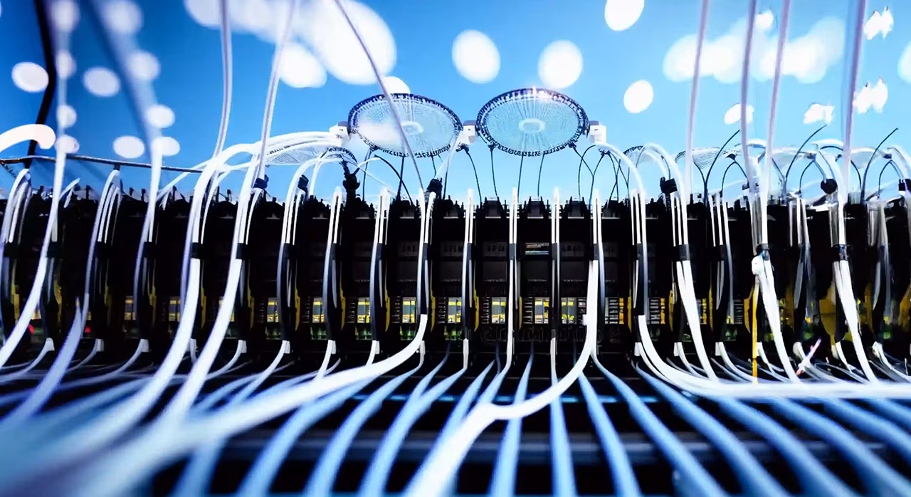 La imagen muestra una gran cantidad de dispositivos electrónicos, incluidas placas de circuitos y cables, dispuestos en una fila ordenada. Los dispositivos están conectados entre sí, creando una red compleja.