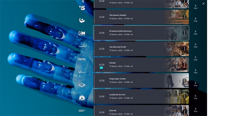 A screenshot of the tv guide app on a green background with a robot hand.