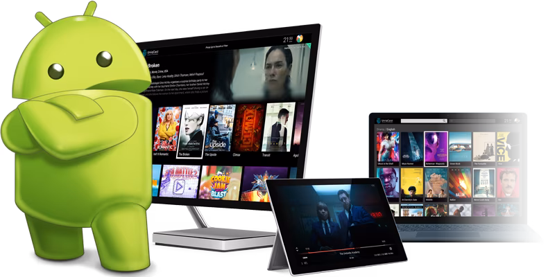 A green android character is standing next to a monitor, tablet and laptop.