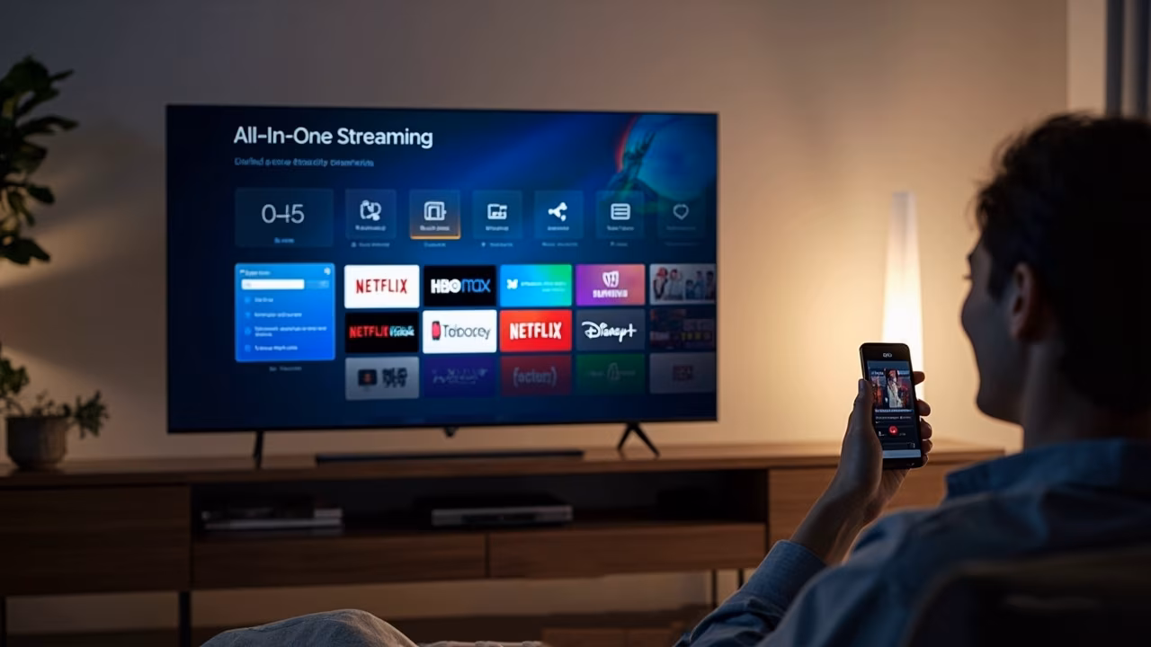 A man sits on a couch, intently watching a smart TV in a cozy living room setting.