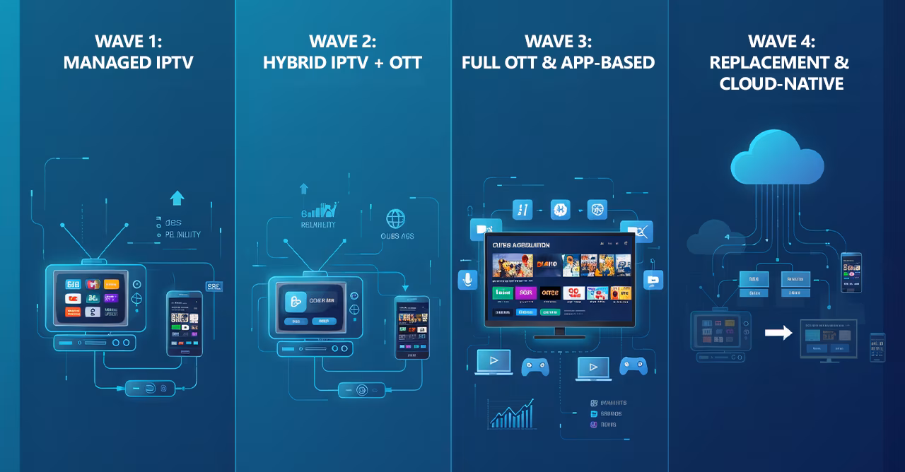 Graphic showing the progression of television technology, focusing on telcos' role in IPTV and OTT services for the future.