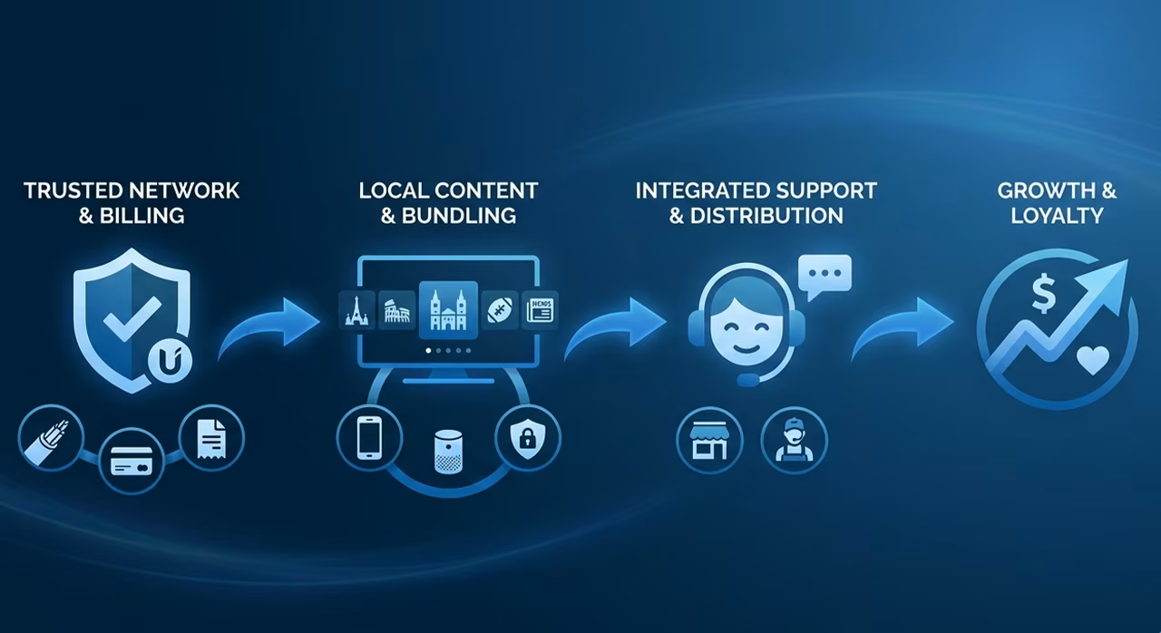 Infographic detailing the secure network building process, showcasing Telco expertise in IPTV and OTT sectors.