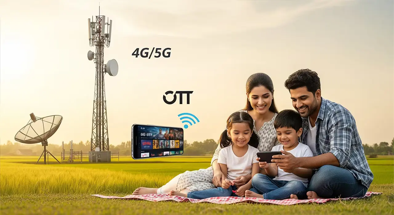 A family enjoys time in a field with a cell phone, illustrating the theme of connectivity in low-access regions for OTT services.