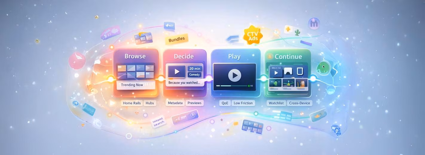 A digital interface shows four sections: Browse, Decide, Play, and Continue, each with icons and labels representing steps in a streaming service experience.