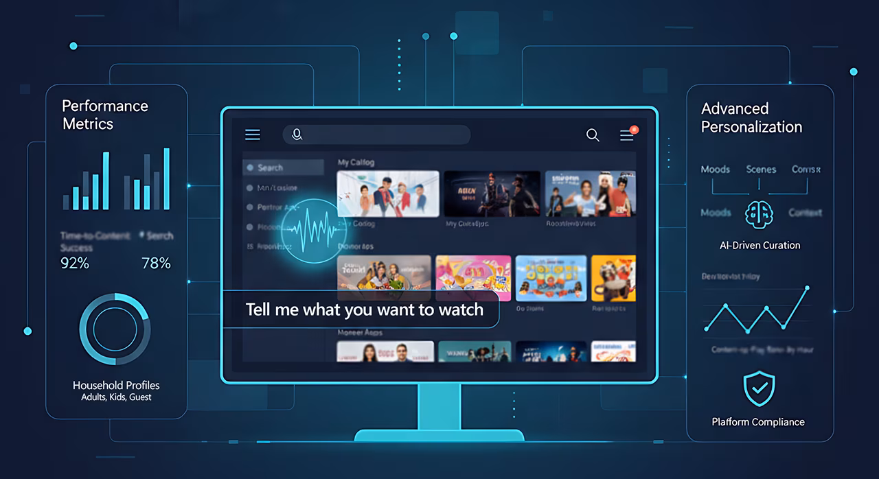 Futuristic interface with a TV screen showing a streaming service, flanked by performance metrics on the left and personalization options on the right.