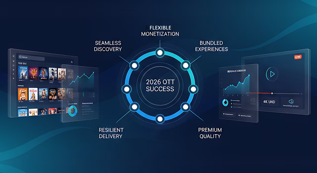 Circular diagram titled "2026 OTT Success" features six elements: Seamless Discovery, Flexible Monetization, Bundled Experiences, Resilient Delivery, Premium Quality.