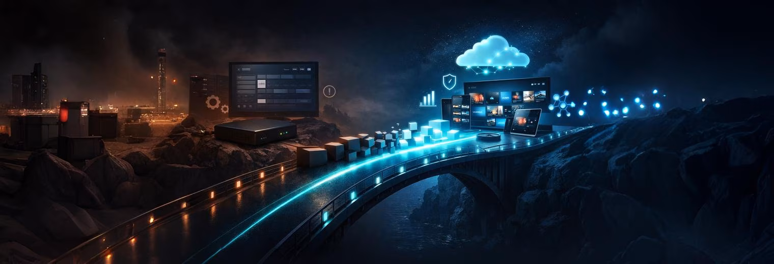 Digital data flows across a glowing bridge connecting a server interface on the left to various media devices and a glowing cloud icon on the right.