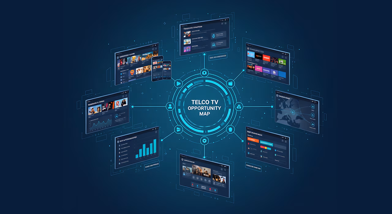 A digital diagram featuring a central hub labeled "TELCO TV OPPORTUNITY MAP" connected by glowing blue lines to surrounding screens displaying various TV interfaces, analytics, and a map of Europe.