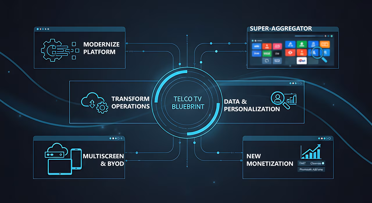 Diagram illustrating the Telco TV Blueprint centered around key pillars: Modernize Platform, Transform Operations, Super-Aggregator, Data & Personalization, Multiscreen & BYOD, and New Monetization.