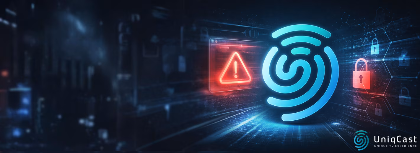 Concepto de seguridad digital con un icono de huella digital de color azul brillante rodeado de señales de advertencia e iconos de candados rojos y azules brillantes sobre un fondo de red oscuro con el logotipo de UniqCast.