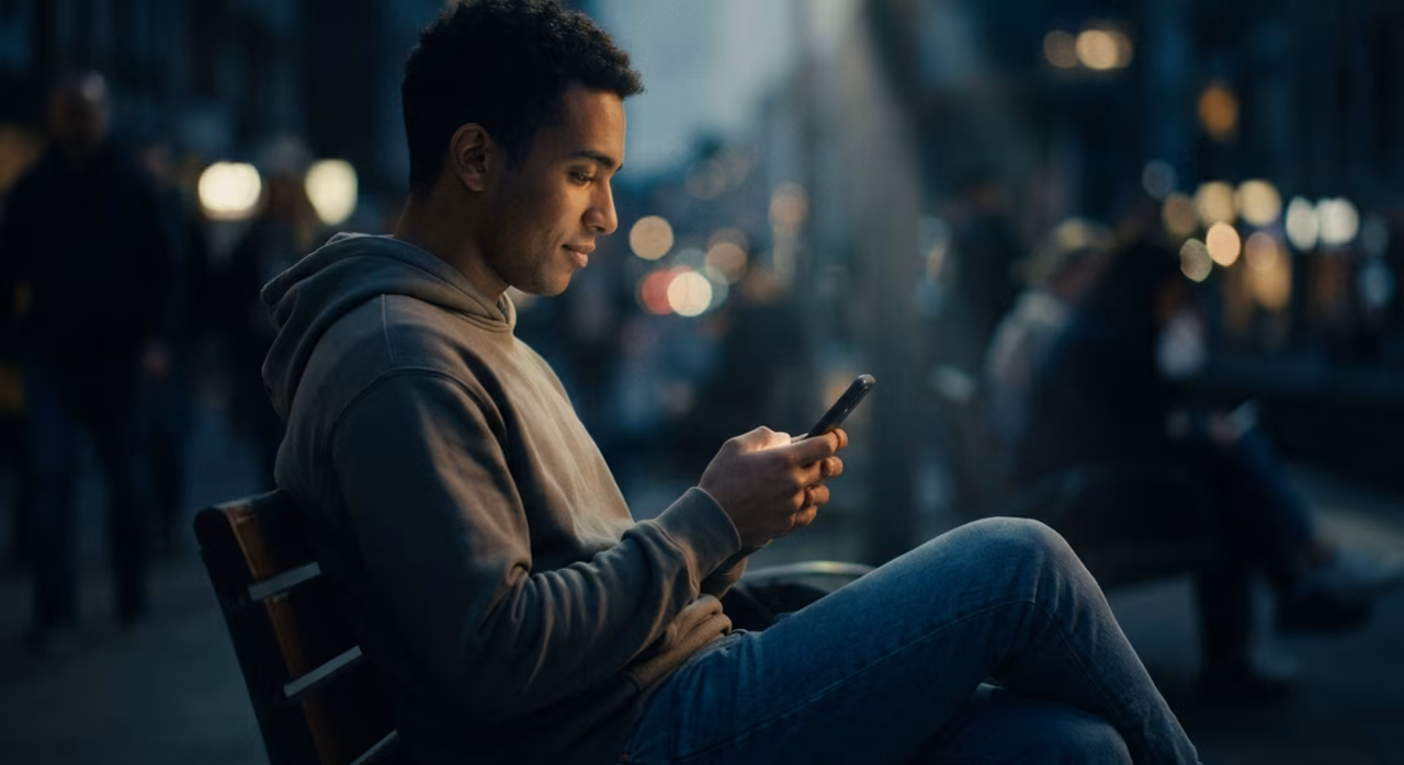 Persona en un banco absorta en un dispositivo móvil.