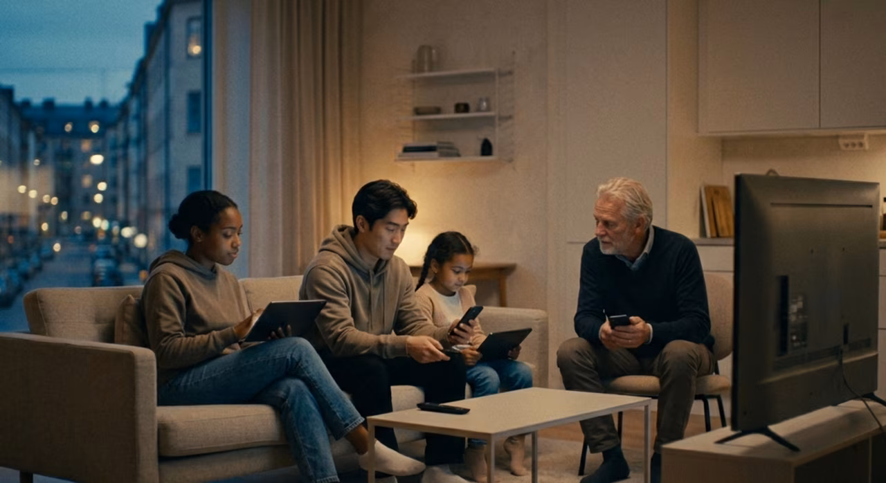 Familia sentada en el sofá de la sala, usando una tableta y un teléfono móvil.