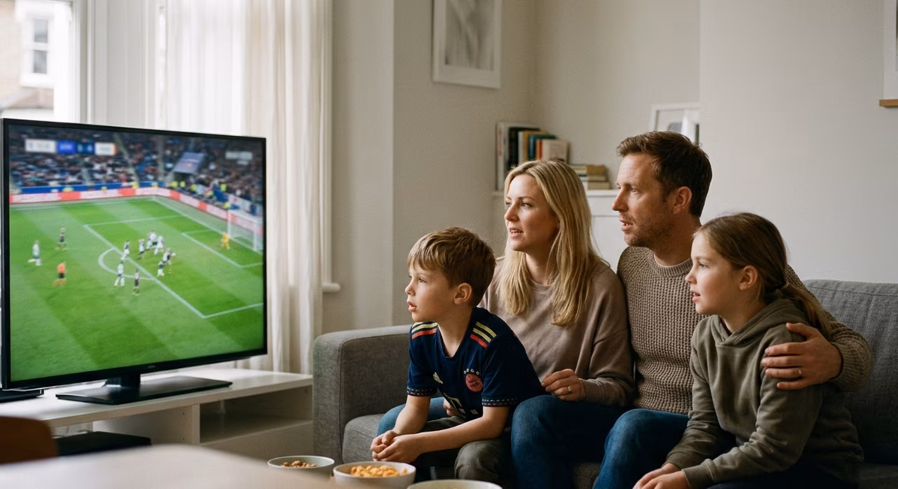 Una familia reunida alrededor del televisor, mirando atentamente un partido de fútbol.