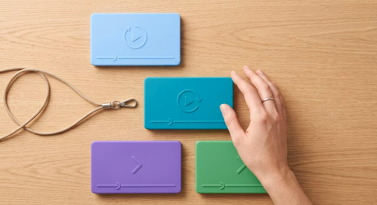 Mano de una persona sosteniendo cuatro bloques de plástico vibrantes.