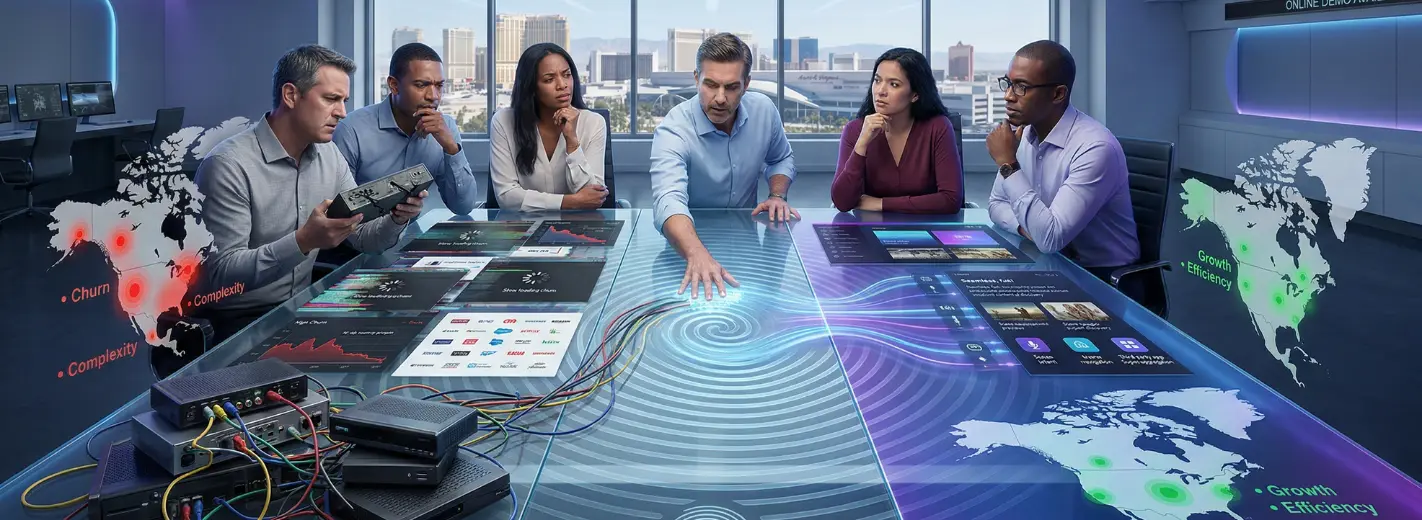 Imagen de empresarios sentados en la oficina de un rascacielos en los EE. UU. mirando datos digitales sobre los servicios OTT/IPT en Norteamérica