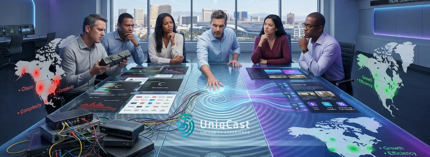 Imag f business eople sitting in a skyscraper office in the US ooking at digital data about the OTT/IPT services in North merica