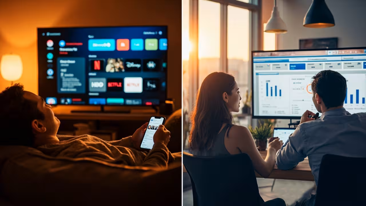 Two images depict individuals watching TV, with one person engaged on a mobile and TV and other looking at stats.
