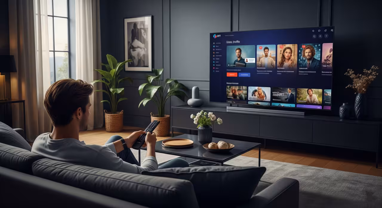 A man sits on a couch, using a tablet while watching TV in a cozy living room setting.