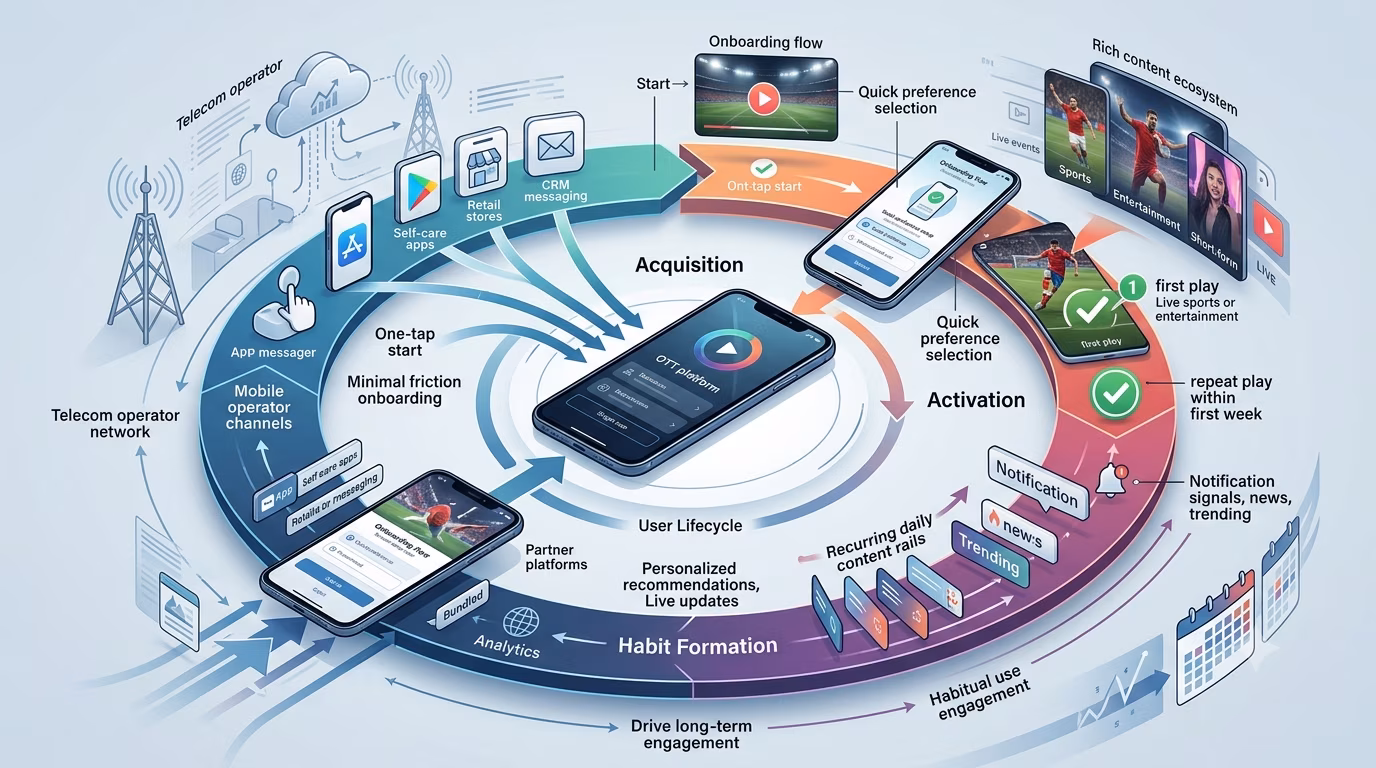 Visual representation of the mobile OTT market plan lifecycle, highlighting key phases like acquisition, activation, and habit formation.