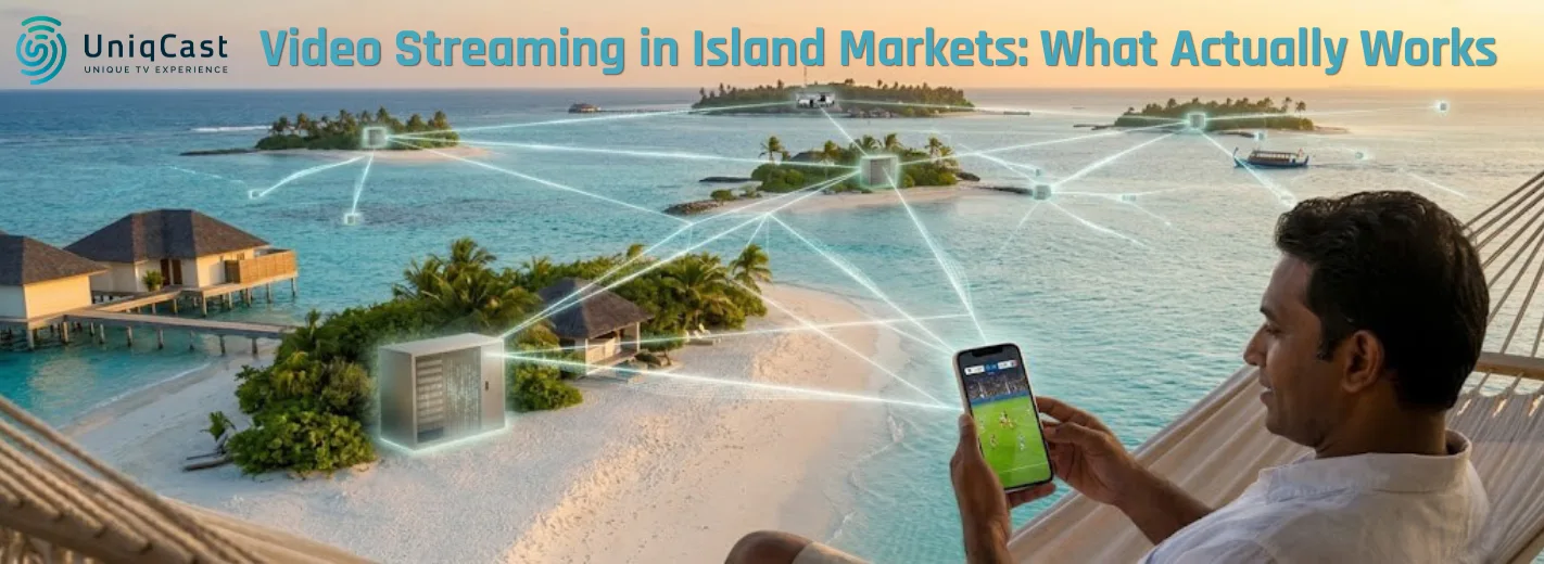 Distributed IPTV and OTT streaming infrastructure across island markets with CDN delivery between islands and hospitality video services