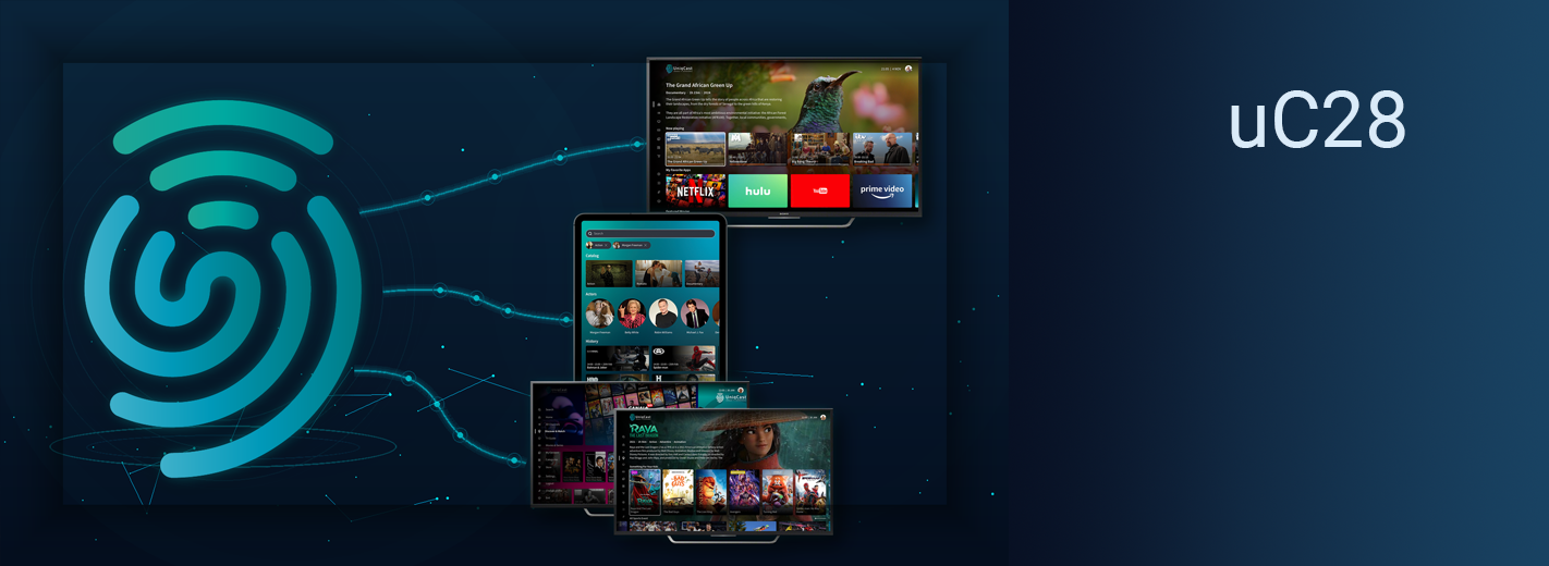 One strong UniqCast platform supports multiple operator services shown as UI screenshots.